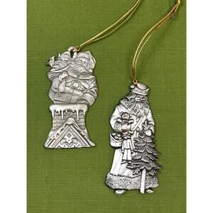 1990s Avon Pewter Christmas Holiday Ornaments Santa's Arrival/ St Nick Set Of 2